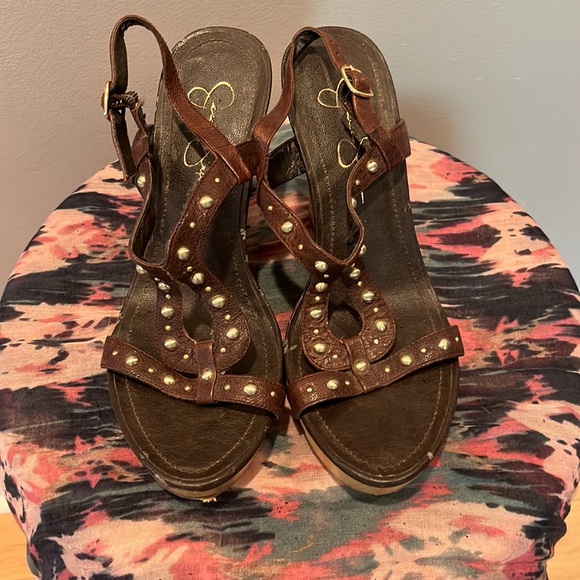 Jessica Simpson Studded Brown Leather Wedges - Picture 2 of 4